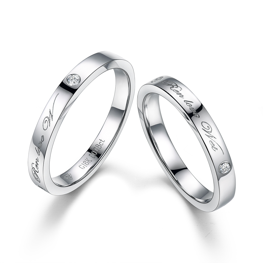 爱的记录定制18K白金钻石情侣对戒刻英文及字符-萝狸