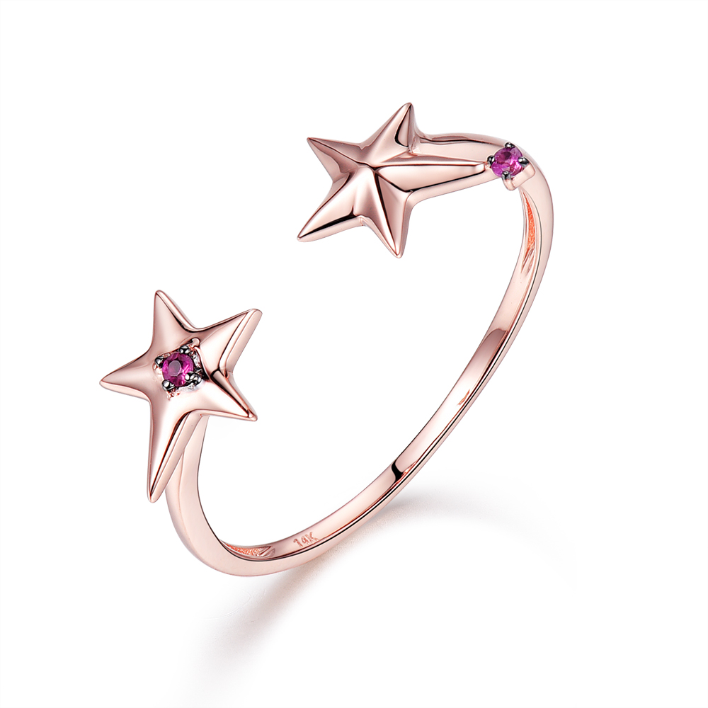 轻奢 天然红宝石14k玫瑰金简约女士开口戒指尾戒